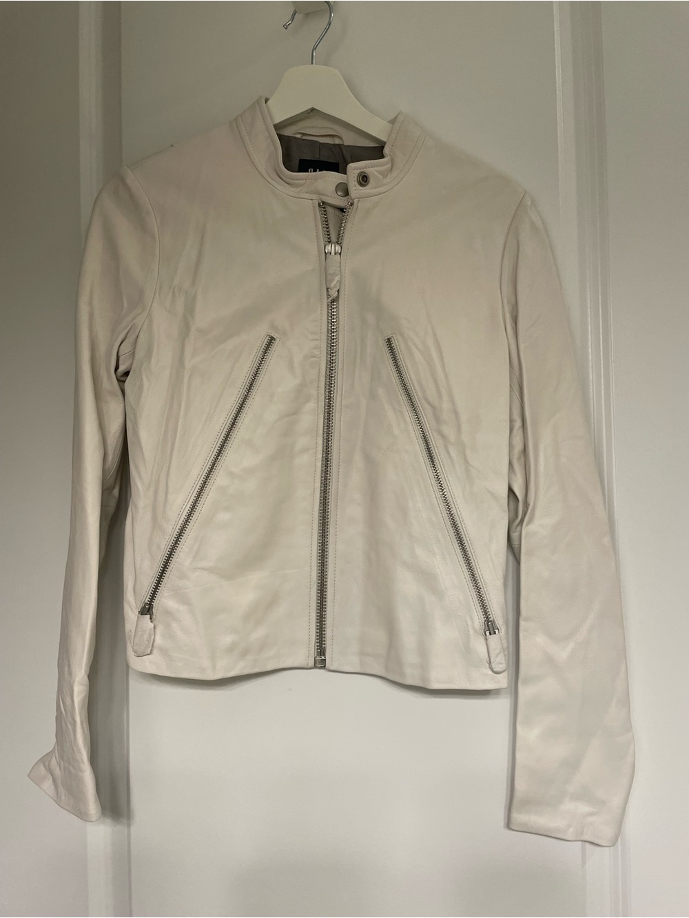 NWT GAP White Cream Genuine Leather Moto Cafe Racer Jacket Medium
